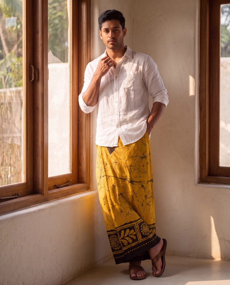 A man wearing an indigo batik sarong with a cream shirt, standing on terrazzo.