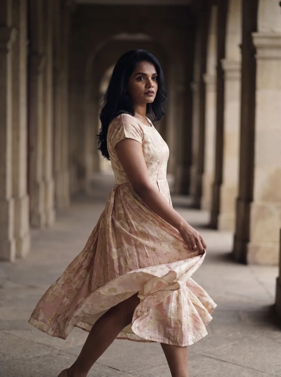 The Kandy garden frock caught in motion along a colonnade.