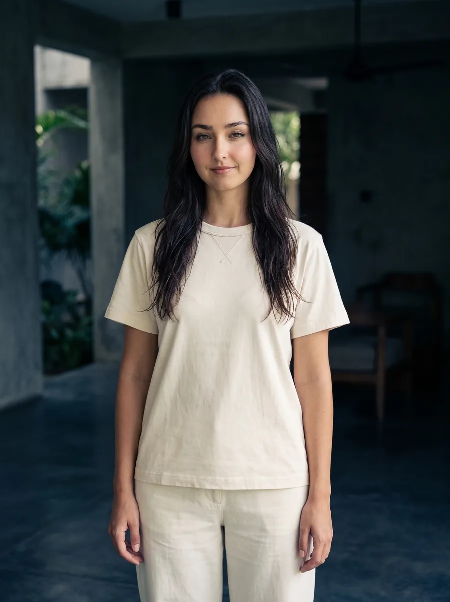 A woman in a cream cotton t-shirt on a shaded veranda.