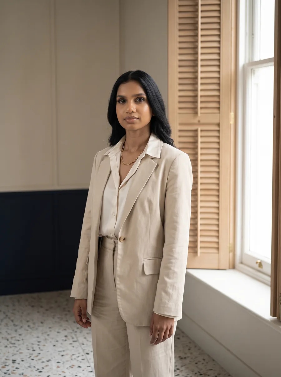 A woman in a sand-coloured office set beside a shuttered window.